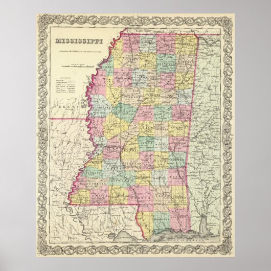 Poster Carte vintage du Mississippi (1856) (Devant)