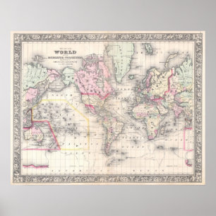 Poster Carte vintage du monde (1864)