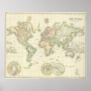 Poster Carte vintage du monde (1872)