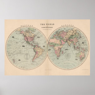 Poster Carte vintage du monde (1873)