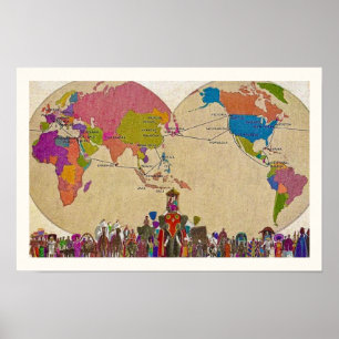 Poster Carte vintage du monde coloré