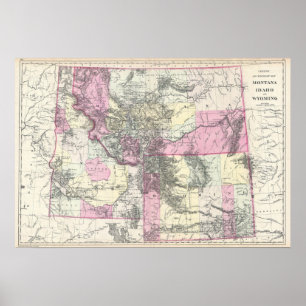 Poster Carte vintage du Montana, du Wyoming et de l'Idaho