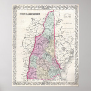Poster Carte vintage du New Hampshire (1855)