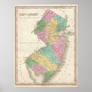 Poster Carte vintage du New Jersey (1827)