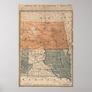 Poster Carte vintage du nord et du Dakota du Sud (1886)