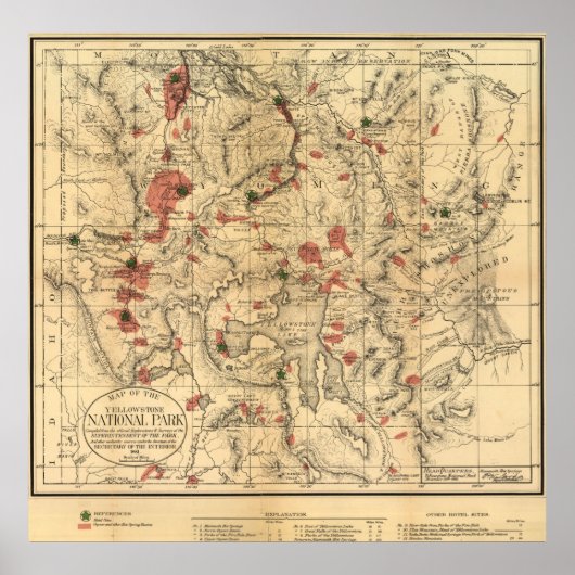 Poster Carte vintage du parc national Yellowstone (1881) (Devant)