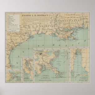 Poster Carte vintage du phare du golfe du Mexique (1898)