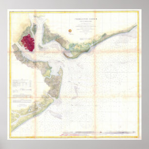 Poster Carte vintage du port de Charleston SC (1866)