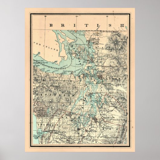 Poster Carte vintage du Puget Sound (1883) (Devant)