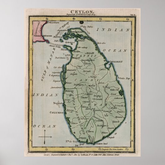 Poster Carte vintage du Sri Lanka (1801) (Devant)