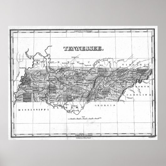Poster Carte vintage du Tennessee (1827) BW (Devant)