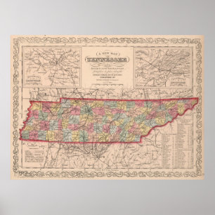 Poster Carte vintage du Tennessee (1859)