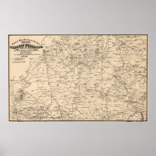 Poster Carte vintage du Tennessee occidental (1865) (Devant)