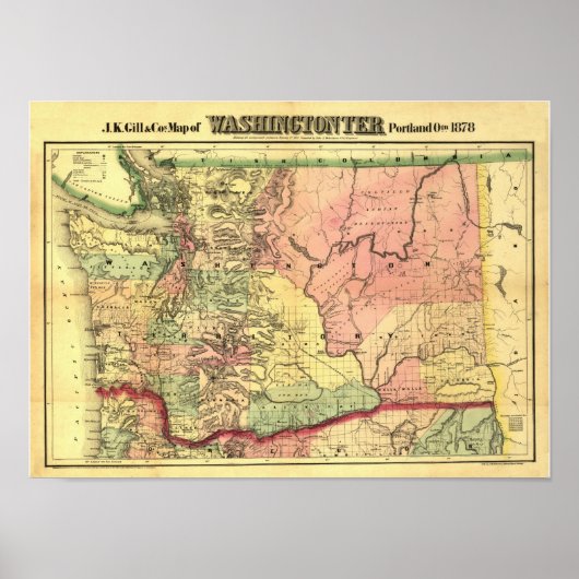 Poster Carte vintage du territoire de Washington en 1878 (Devant)
