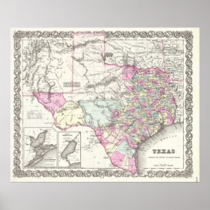 Poster Carte vintage du Texas (1855)
