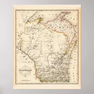 Poster Carte vintage du Wisconsin 1852