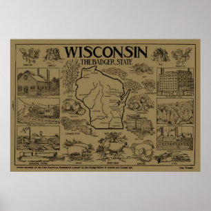Poster Carte vintage du Wisconsin (1912) - Tan