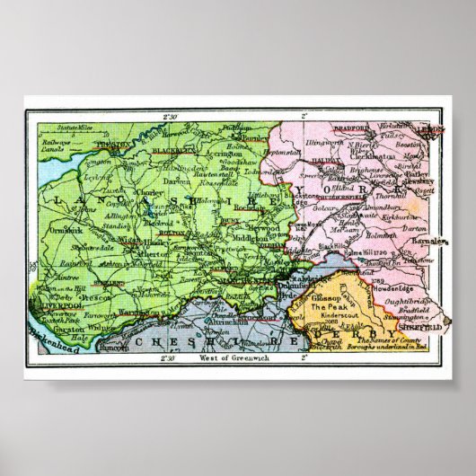 Poster - Carte Vintage Du Yorkshire/Lancashire (Devant)