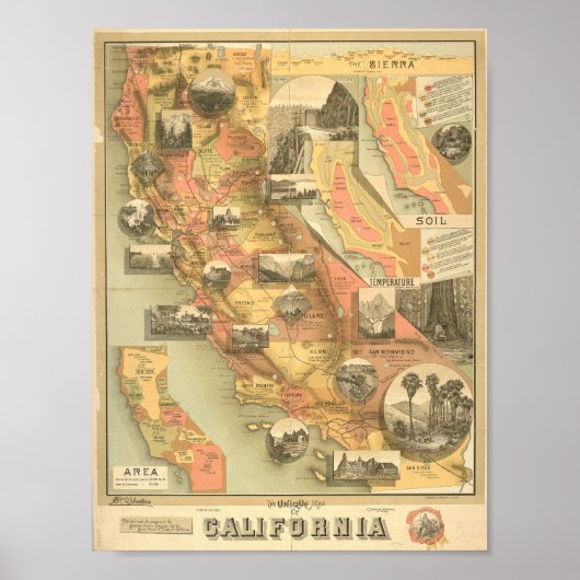 Poster Carte vintage illustrée de Californie (Devant)