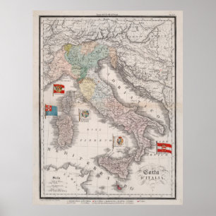 Poster Carte vintage Italie avec drapeaux (1842)