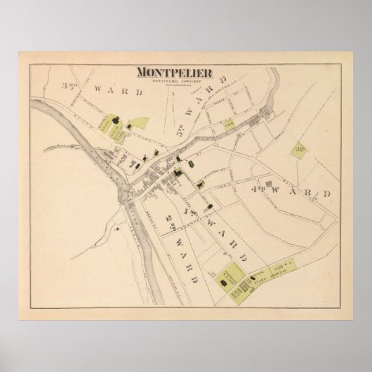 Poster Carte VT Old Montpelier (1876) Capitale du Vermont (Devant)