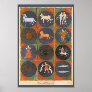 Poster Carte zodiaque céleste vintage, astrologique, 1475