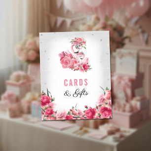 Poster Cartes Cadeaux Baby shower Argent Flamant rose Bal