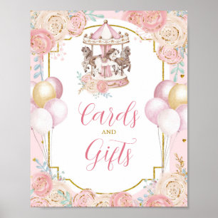 Poster Cartes de carrousel rose et or et signe cadeau