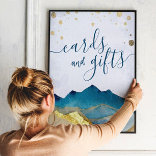 Poster Cartes de mariage cadeaux Aquarelle Blue Gold Moun