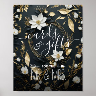 Poster Cartes de mariage Fleurs en or noir et blanc Cadea