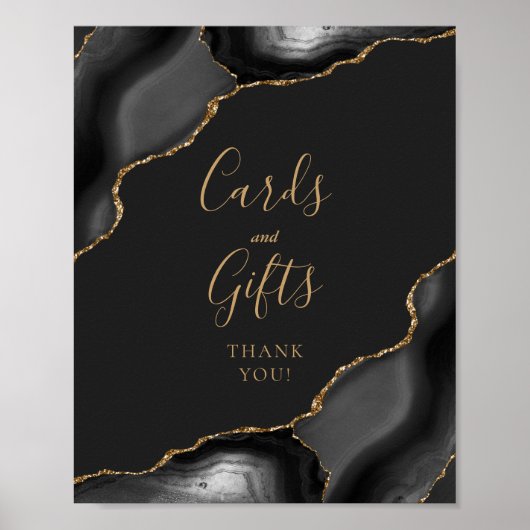 Poster Cartes de mariage noir agate or et cadeaux (Devant)