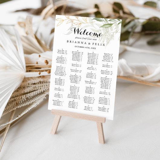 Poster Cartes de siège Alphabétique Gold Green Foliage