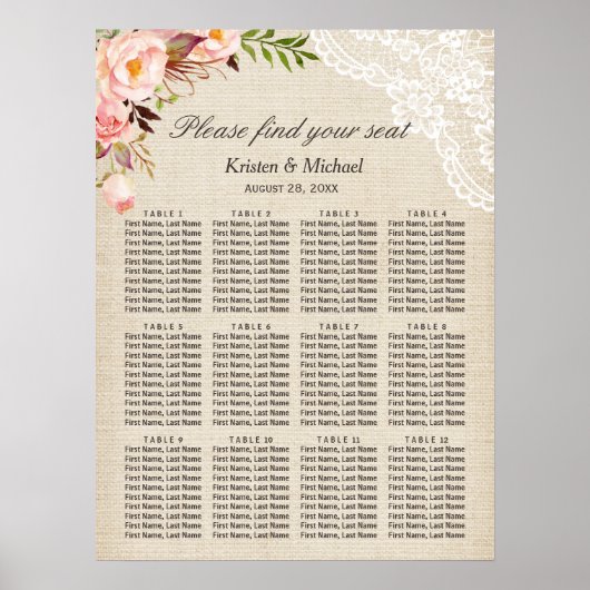 Poster Cartes de sièges de Mariage Floral Rustique en den (Devant)