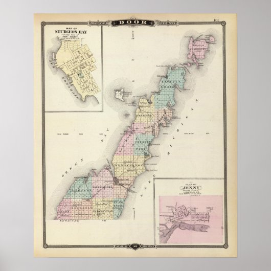 Poster Cartes du comté de Door, de Sturgeon Bay et de Jen (Devant)