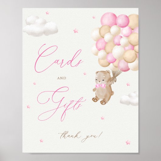 Poster Cartes et cadeaux Baby shower rose ours Teddy (Devant)