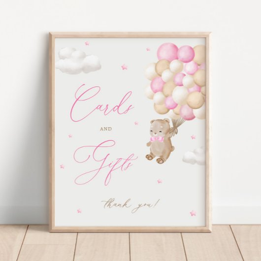Poster Cartes et cadeaux Baby shower rose ours Teddy
