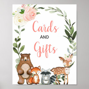 Poster Cartes et cadeaux baby shower vert bois rose