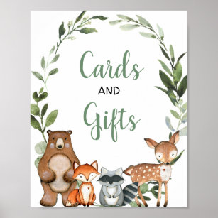 Poster Cartes et cadeaux bois vert panneau baby shower