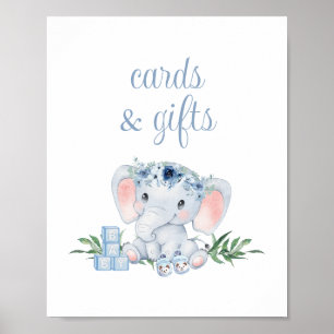 Poster Cartes et cadeaux de Baby shower Blue Floral Eleph