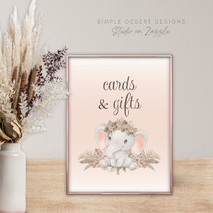 Poster Cartes et cadeaux de Baby shower Boho Floral Eleph