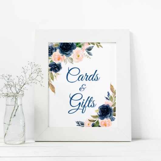 Poster Cartes et Cadeaux de Fête de Fleurs Bleu Marine et