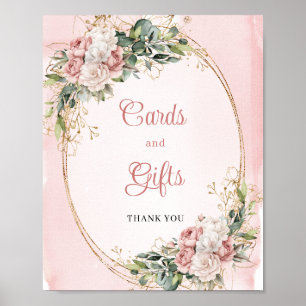 Poster Cartes Et Cadeaux Fleurs Rose Pâle Paillettes Doré