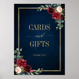 Poster Cartes et cadeaux floraux bordeaux marine blush or