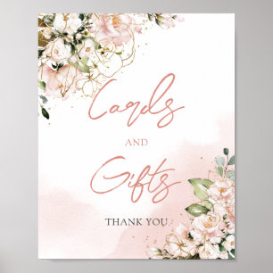 Poster Cartes et cadeaux floraux dorés rose tendre bohème