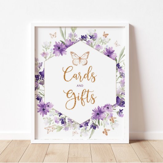 Poster Cartes et cadeaux papillon à cadre doré violet