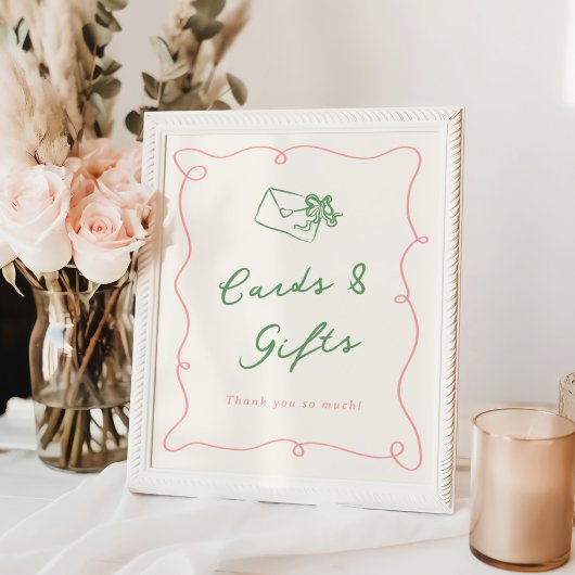 Poster Cartes et cadeaux roses et verts dessinés à la mai