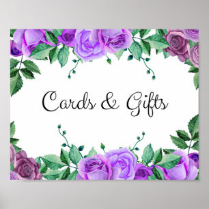 Poster Cartes et cadeaux. Roses violets. Panneau mariage 
