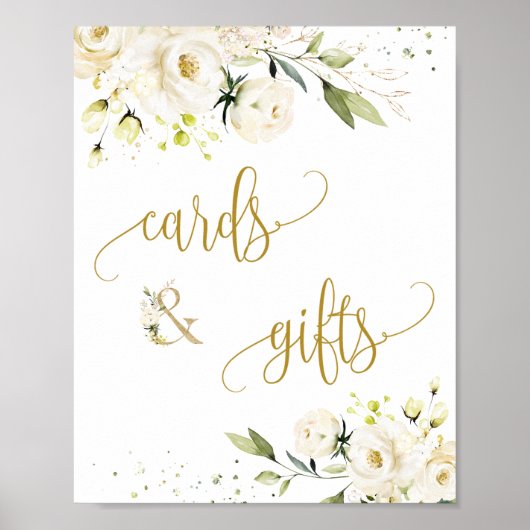 Poster Cartes et cadeaux Script Sign Roses blanches feuil (Devant)