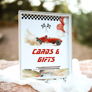Poster Cartes et cadeaux voiture course rouge fête d'anni