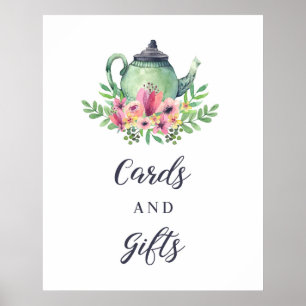 Poster Cartes et enseigne de douche de théière à aquarell